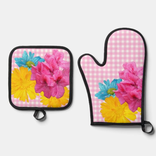 Bloemen en Roze Gingham Ovenwant & Pannenlap Set (Voorkant)