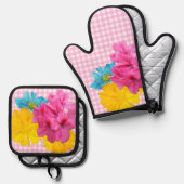 Bloemen en Roze Gingham Ovenwant & Pannenlap Set (Voorkant / Achterkant)