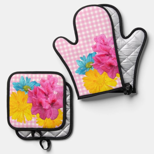 Bloemen en Roze Gingham Ovenwant & Pannenlap Set (Voorkant / Achterkant)