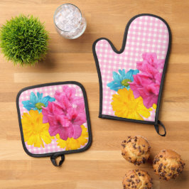 Bloemen en Roze Gingham Ovenwant & Pannenlap Set
