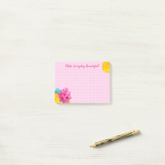 Bloemen en Roze Gingham Post-it® Notes (Op bureau)