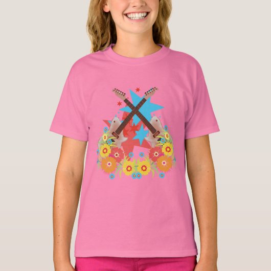 Bloemen en roze gitaren t-shirt (Voorkant)