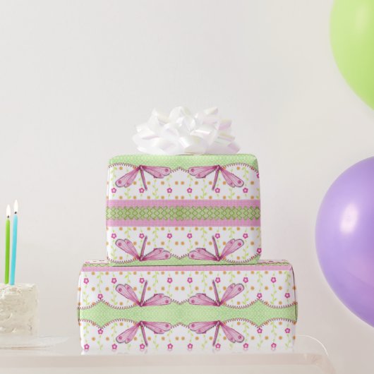 Bloemen en roze libellen Vulkpapier Cadeaupapier (Feestgeschenken)