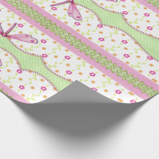 Bloemen en roze libellen Vulkpapier Cadeaupapier (Hoek)