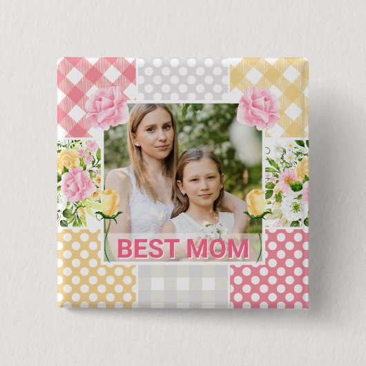 Bloemen en ruit foto frame Moederdag Vierkante Button 5,1 Cm (Voorkant)