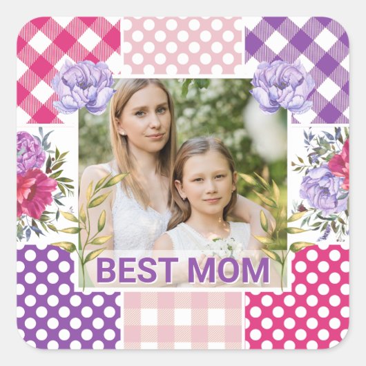 Bloemen en ruit foto frame Moederdag Vierkante Sticker (Voorkant)