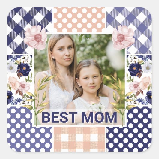Bloemen en ruit foto frame Moederdag Vierkante Sticker (Voorkant)