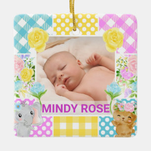Bloemen en ruit fotolijstje pasgeboren baby keramisch ornament