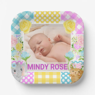 Bloemen en ruit fotolijstje pasgeboren baby papieren bordje