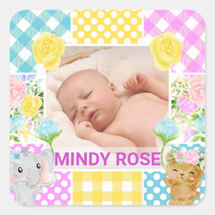 Bloemen en ruiten fotolijstje pasgeboren baby vierkante sticker