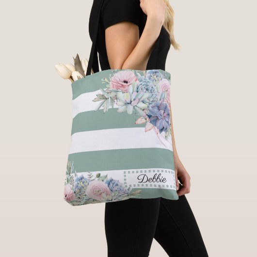  bloemen en Sage Green Stripes Canvas tas (Dichtbij)