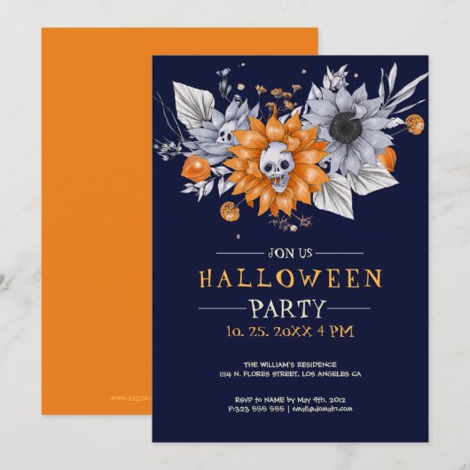Bloemen en schedels Halloween-feest uitnodiging (Voorkant / Achterkant)