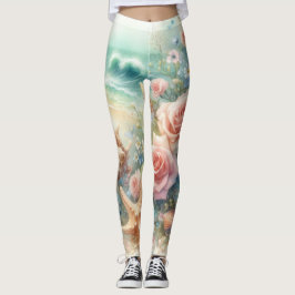 Bloemen en schelpen waterverf in pastelkleuren leggings