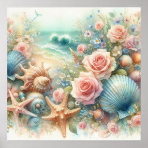 Bloemen en schelpen waterverf in pastelkleuren poster