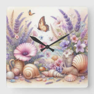 Bloemen en schelpen waterverf in pastelkleuren vierkante klok