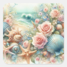 Bloemen en schelpen waterverf in pastelkleuren vierkante sticker
