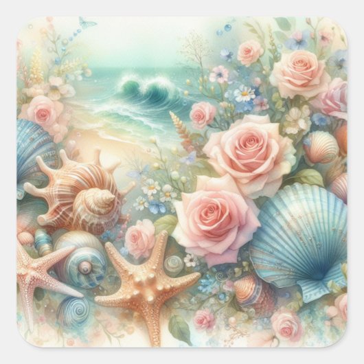 Bloemen en schelpen waterverf in pastelkleuren vierkante sticker (Voorkant)