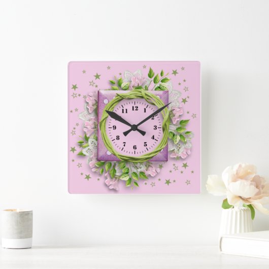 Bloemen en sterren roze vierkante klok (Huis)