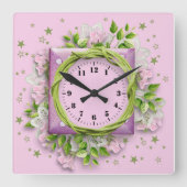 Bloemen en sterren roze vierkante klok (Voorkant)