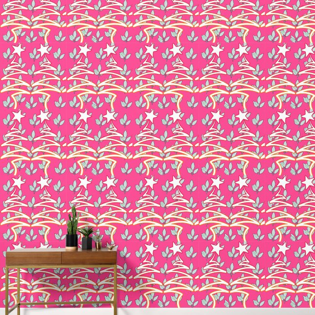 Bloemen en sterren zig zag roze behang (Hal)