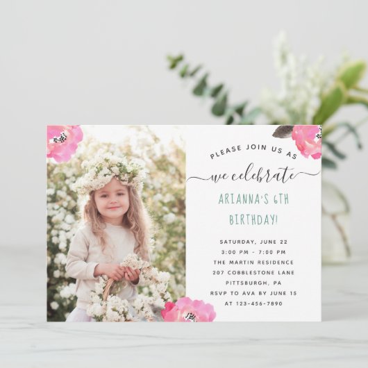 Bloemen en Stippen Foto Verjaardagsfeest Kaart (Staand voorkant)