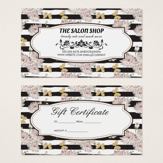 Bloemen en Strepen | Glitter Vlinders Trouw Visitekaartje (Voorkant /achterkant)