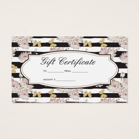 Bloemen en Strepen | Glitter Vlinders Trouw Visitekaartje (Achterkant)