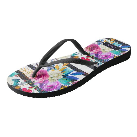Bloemen en strips | Trendy en Bright Monogram Teenslippers (Schuin)