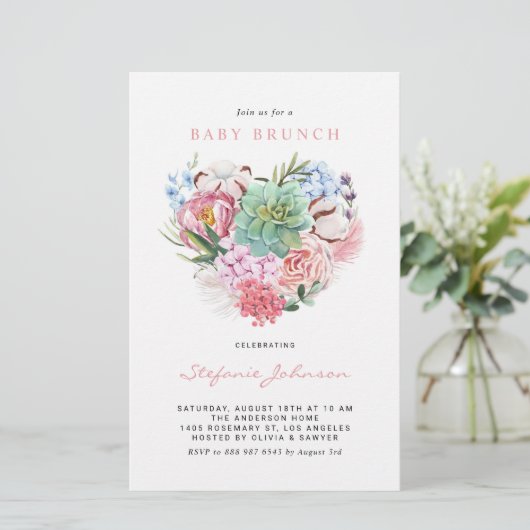 Bloemen en Succulent Heart Baby Brunch Uitnodiging (Staand voorkant)