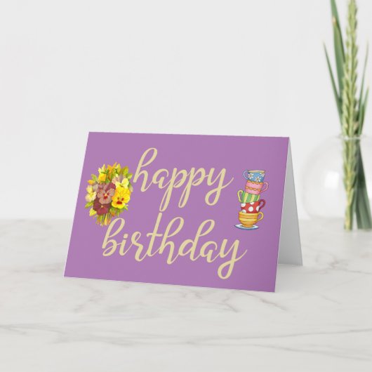 Bloemen en Teacups Feminine Birthday Card Kaart (Voorkant)