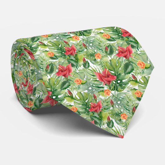 Bloemen en tropische bladeren stropdas (Opgerold)