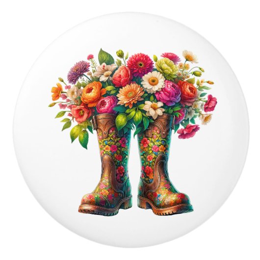 Bloemen en tuinlaarzen keramische knop (Voorkant)