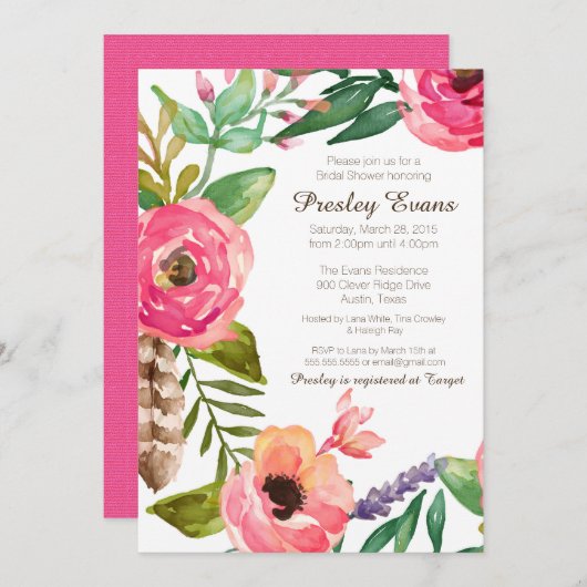 Bloemen en veren bruids douche uitnodiging II (Voorkant / Achterkant)