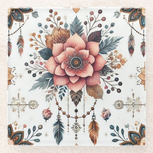 Bloemen en veren glazen onderzetter (Voorkant)