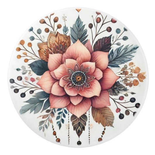 Bloemen en veren keramische knop (Voorkant)