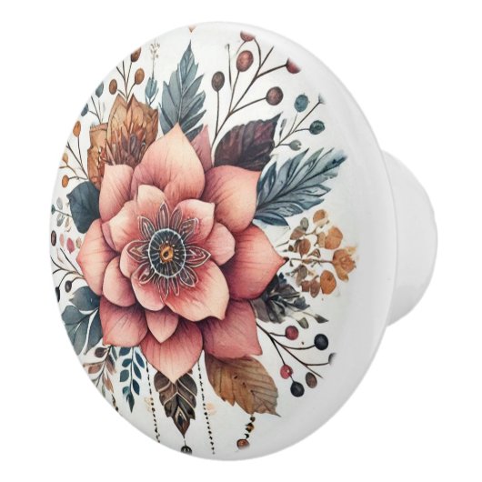 Bloemen en veren keramische knop (Rechts)