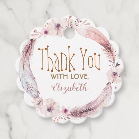 Bloemen en veren krans bedankjes labels (Voorkant)