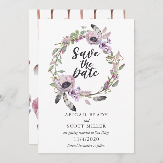 Bloemen en Veren Save the Date Kaart (Voorkant / Achterkant)