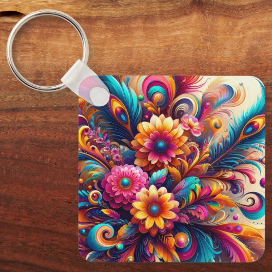 Bloemen en Veren Sleutelhanger (Voorkant)