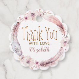 Bloemen en verenkrans bedankjes labels