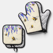 Bloemen en Vliegende Bijen Oven Mitt & Pot Houder  Ovenwant & Pannenlap Set (Voorkant / Achterkant)