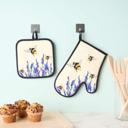 Bloemen en Vliegende Bijen Oven Mitt & Pot Houder  Ovenwant & Pannenlap Set (Insitu(Ophanging))