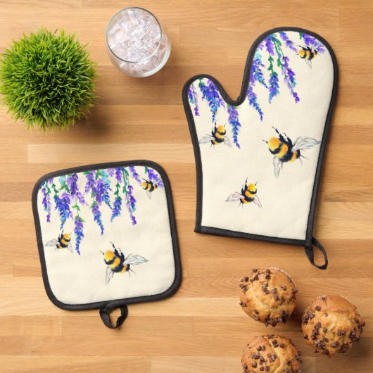 Bloemen en Vliegende Bijen Oven Mitt & Pot Houder  Ovenwant & Pannenlap Set (Top down)