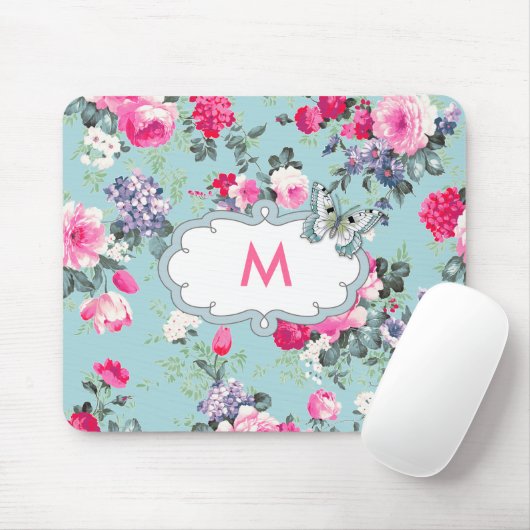 Bloemen en vlinder | Aangepaste Monogram Cadeau Muismat (Met muis)