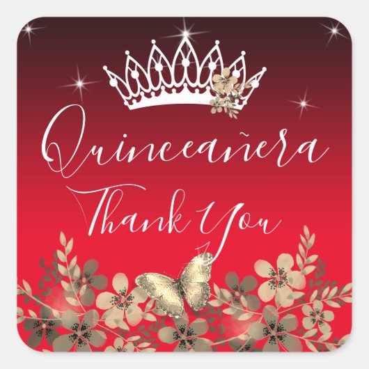 Bloemen en vlinder Dank u wel Quinceanera Square Vierkante Sticker (Voorkant)