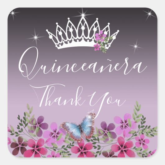 Bloemen en vlinder Hartelijk dank voor Quinceanera Vierkante Sticker (Voorkant)
