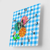 Bloemen en vlinder in Blue Vicky Vierkante Klok (Hoek)