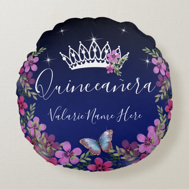 Bloemen en vlinder Quinceanera Blue Rond Kussen (Voorkant)