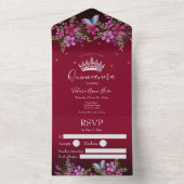 Bloemen en vlinder Quinceanera Burgundy All In One Uitnodiging (Binnen)