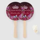 Bloemen en vlinder Quinceanera Burgundy Handwaaier (Voorkant en achterkant)